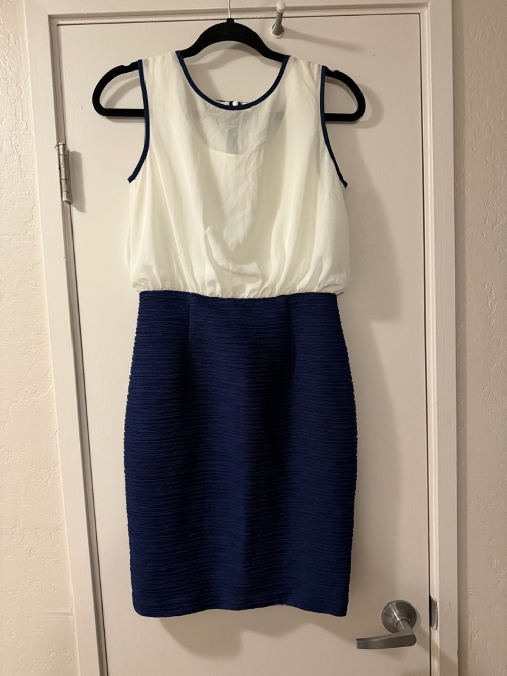 Maeve Ivory and Navy Two-Tone Sleeveless Sheath Dress